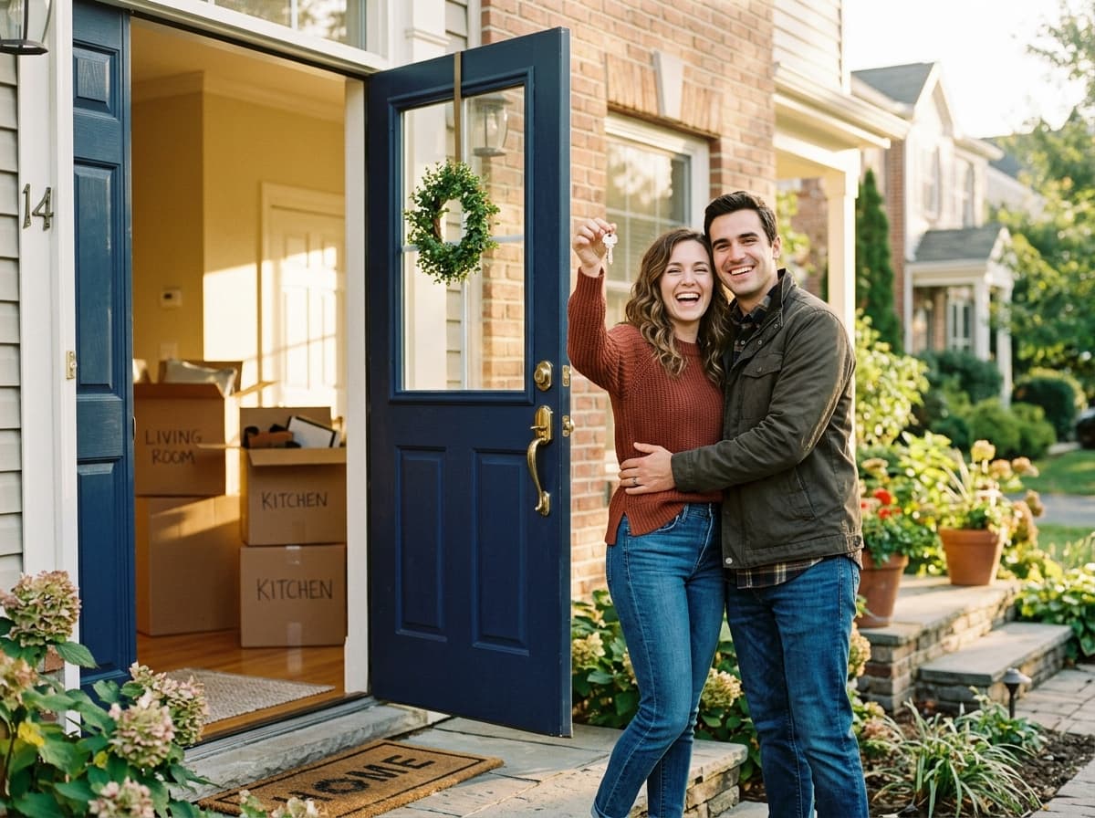 Couple holding up the keys at the navy front door of their new home