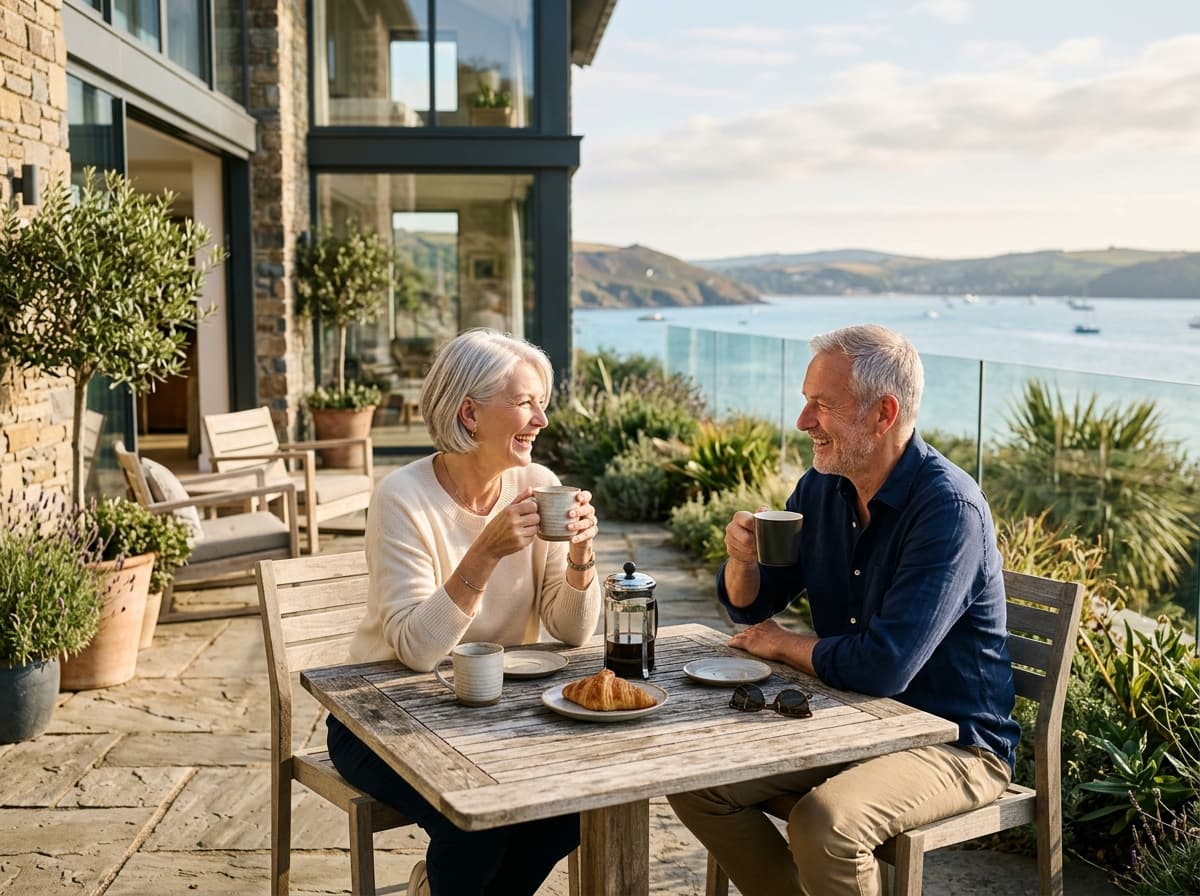 Retired couple having coffee on the terrace of their modern waterfront home