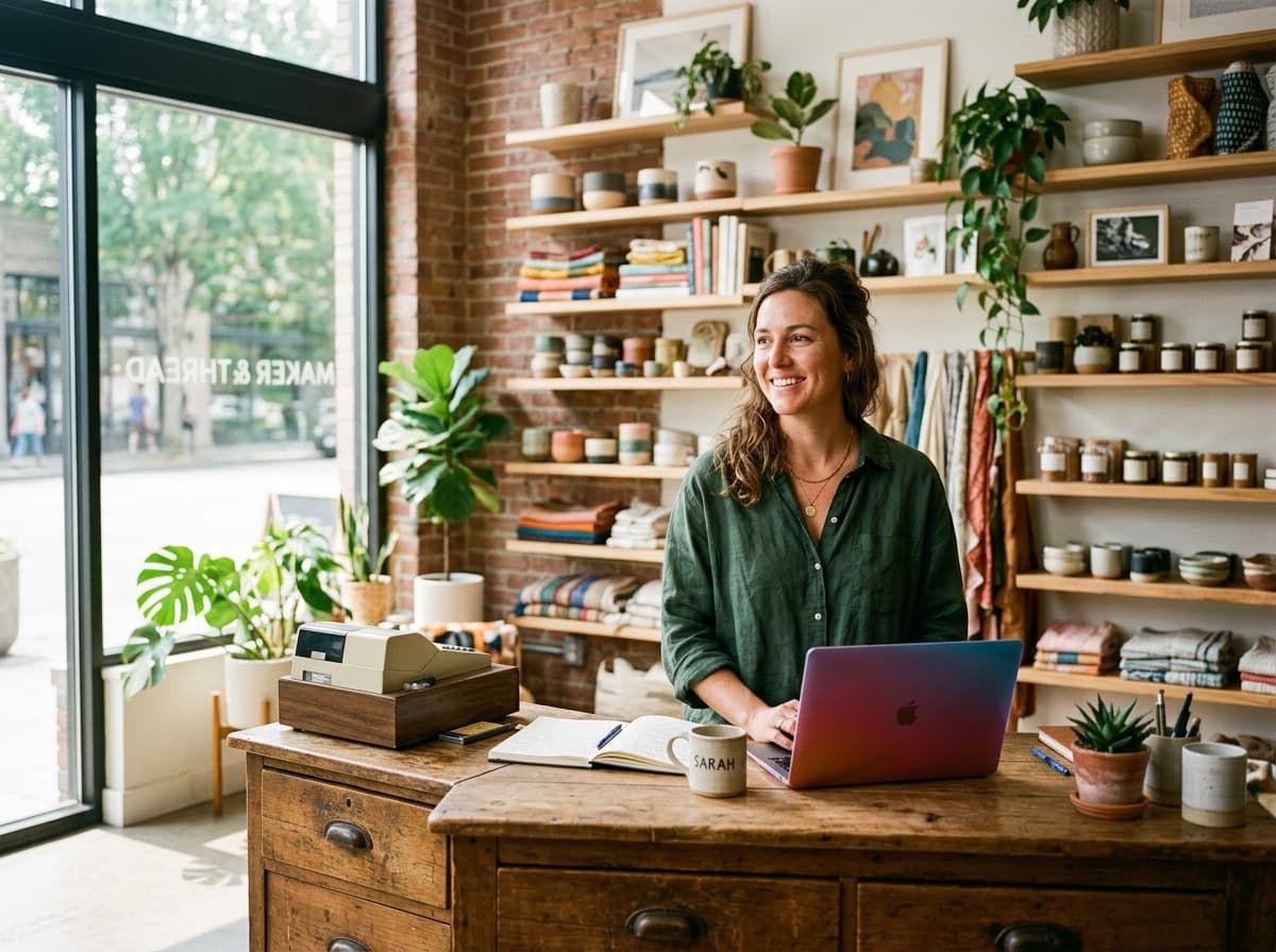 Small business owner at the counter of her studio shop with her laptop