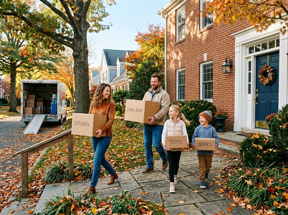 Family carrying labeled moving boxes from a truck toward their new colonial home