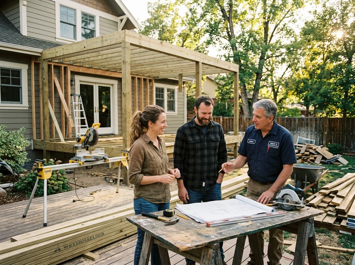 Homeowners reviewing plans with a contractor while building a new backyard deck
