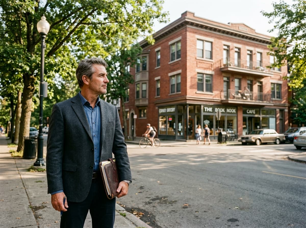 Investor studying a brick mixed-use corner building with shops below and apartments above