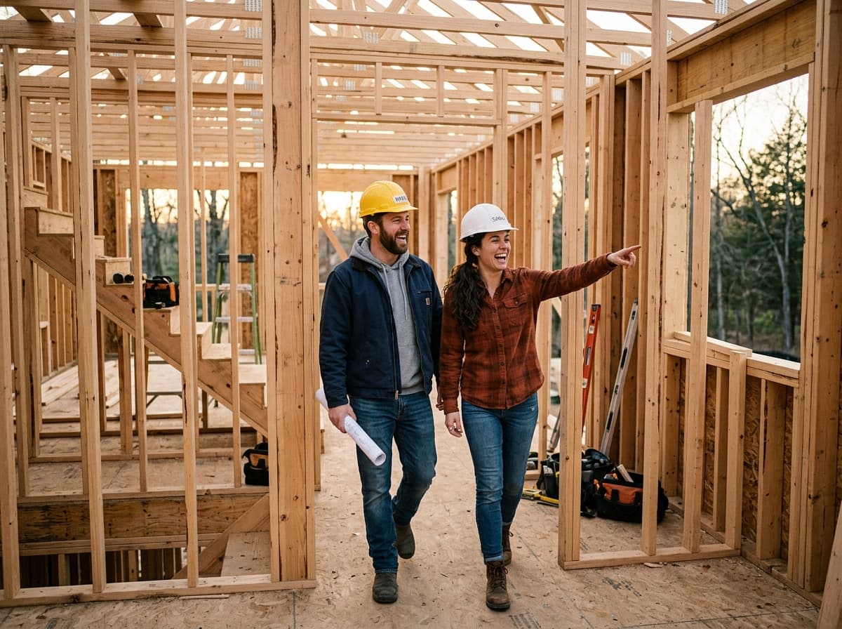 Couple in hard hats walking through the timber framing of their future home
