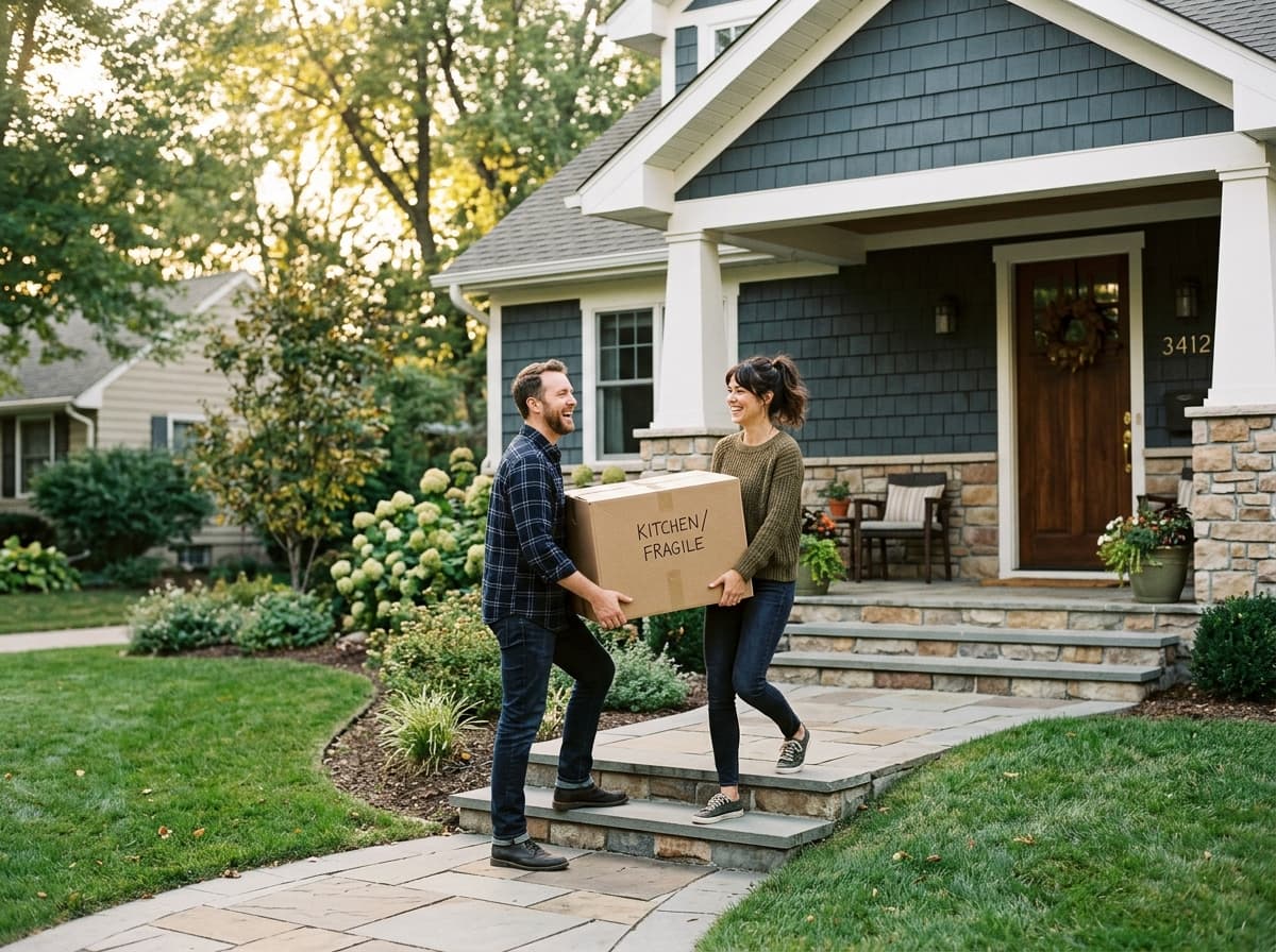 Couple carrying a moving box up the front walk of their new home