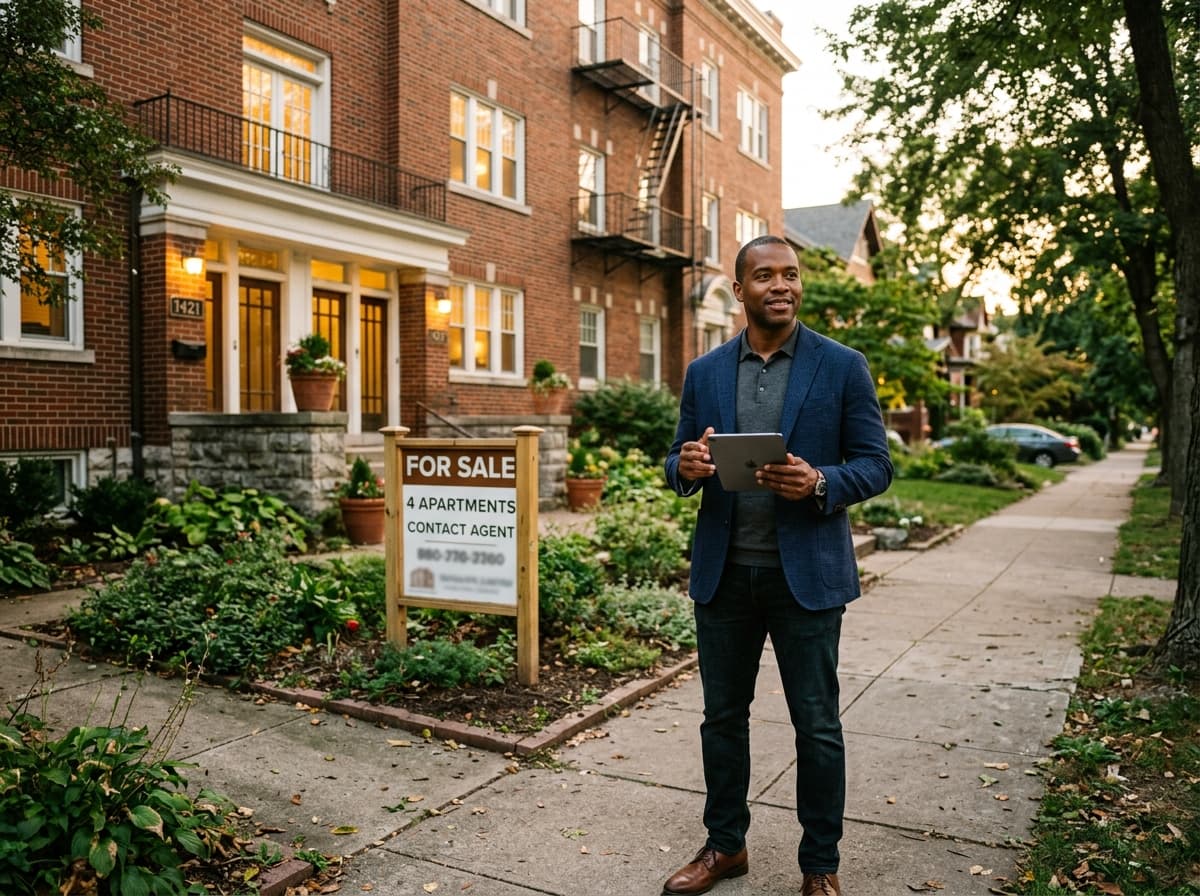 Real estate investor with a tablet in front of a brick fourplex for sale