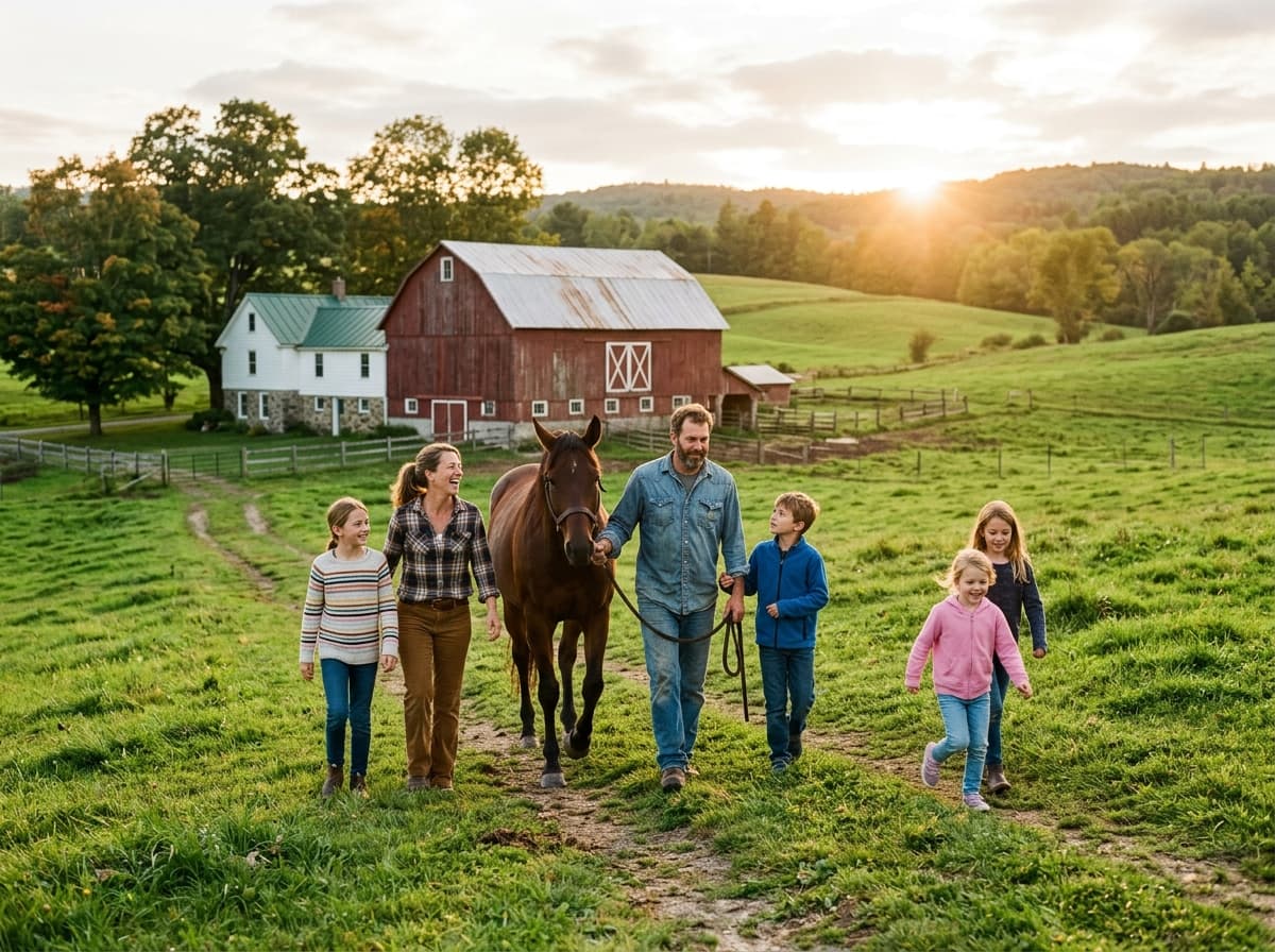 Family leading a horse toward a red barn beside their farmhouse on rolling acreage