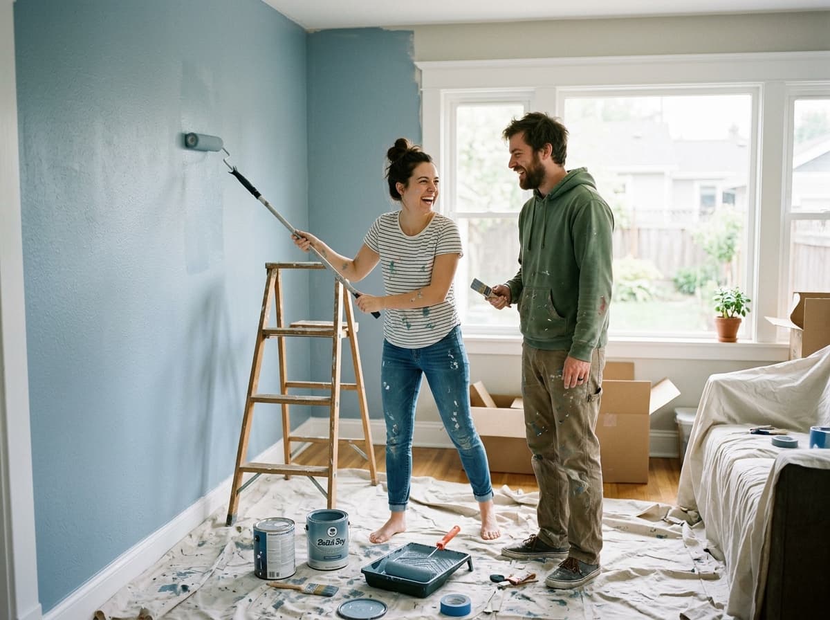 Young couple happily painting a wall in their first home