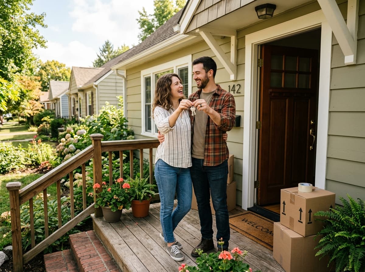 Young couple celebrating with new house keys on the porch of their first home