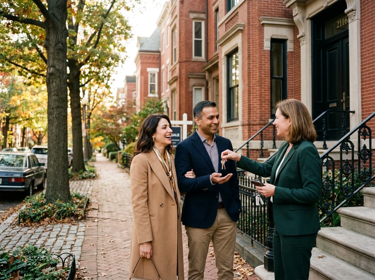 International couple receiving the keys to a brick rowhouse on a leafy city street