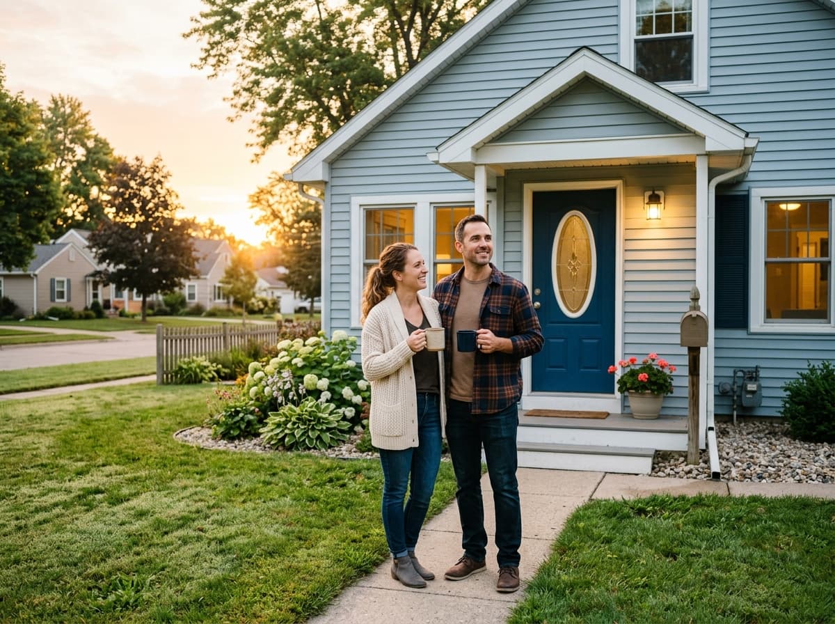 Couple with coffee mugs in front of their home at sunrise