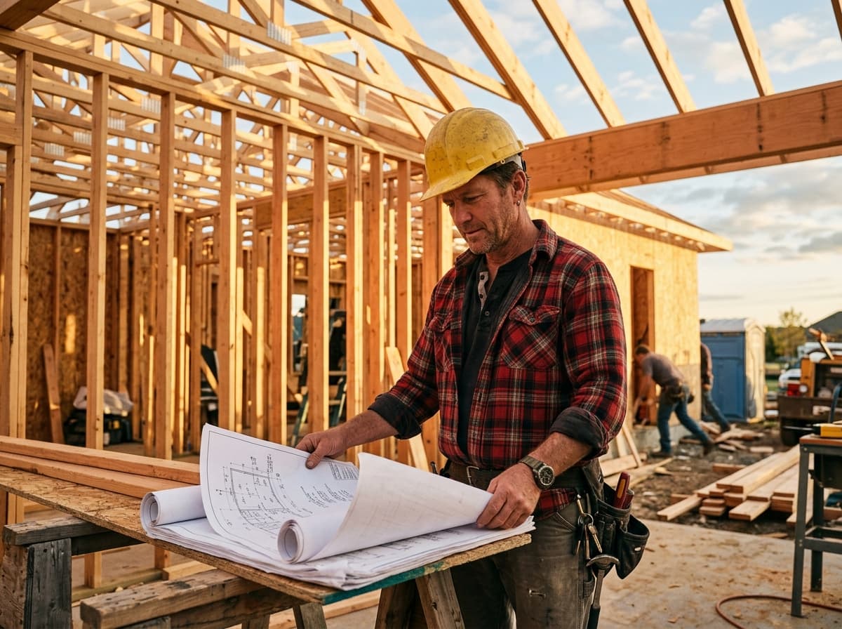 Builder reviewing blueprints on site inside the timber framing of a new home