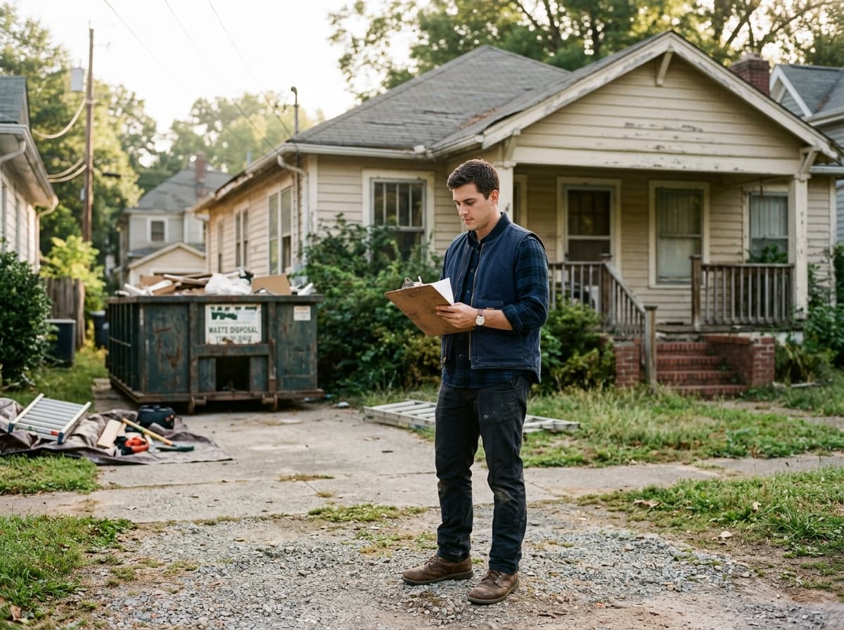 Investor with a clipboard in front of a distressed bungalow with a dumpster in the driveway