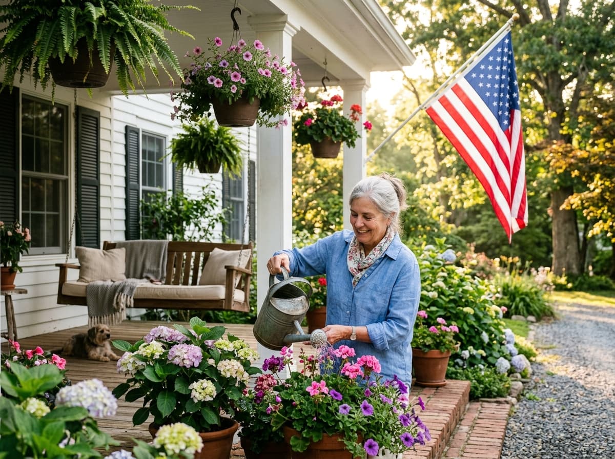 Retired homeowner peacefully watering flowers on the porch of her white farmhouse