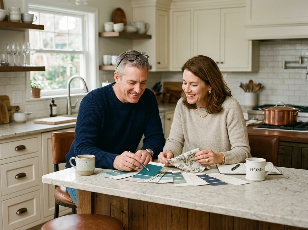 Couple choosing renovation paint colors and fabrics at their kitchen island