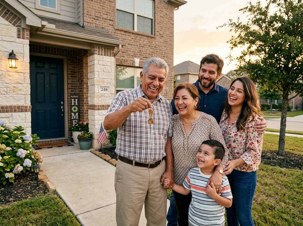 Multigenerational family celebrating with keys in front of their new home