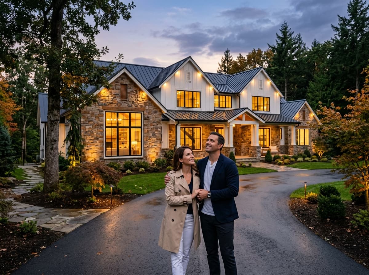 Couple standing in the driveway of their luxury home at dusk with the windows glowing