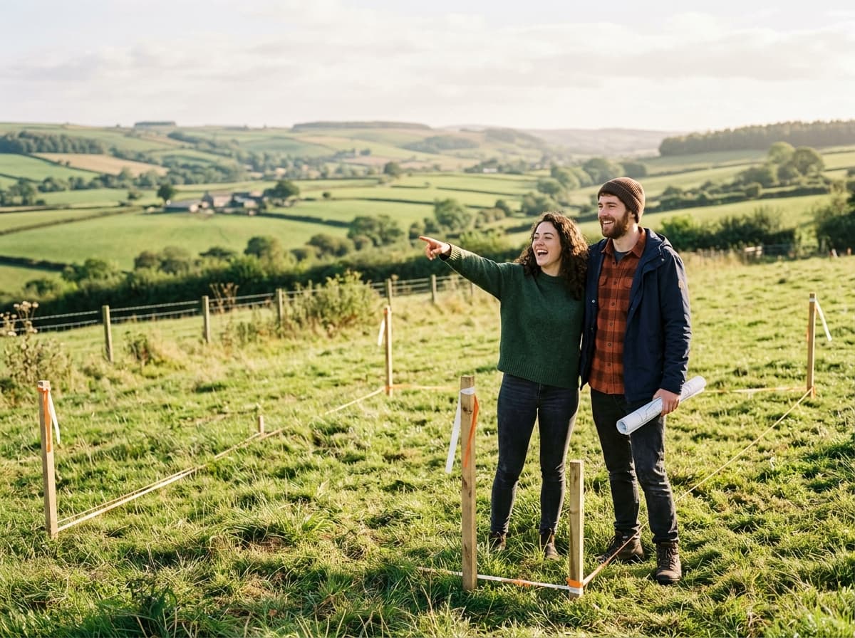 Excited couple standing on their open land parcel with survey stakes, pointing at where the house will go