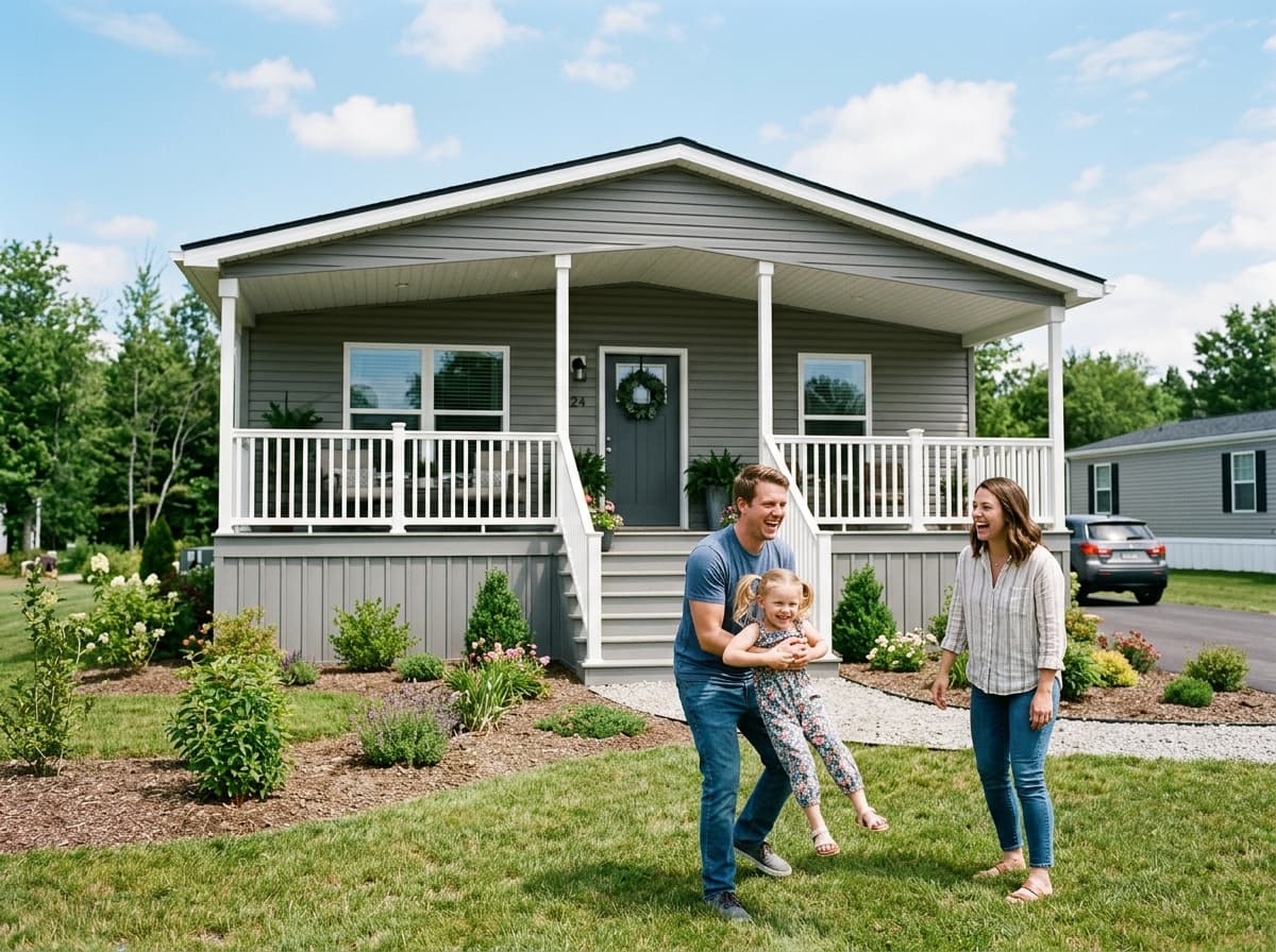 Happy family in the yard of their modern manufactured home with a front porch