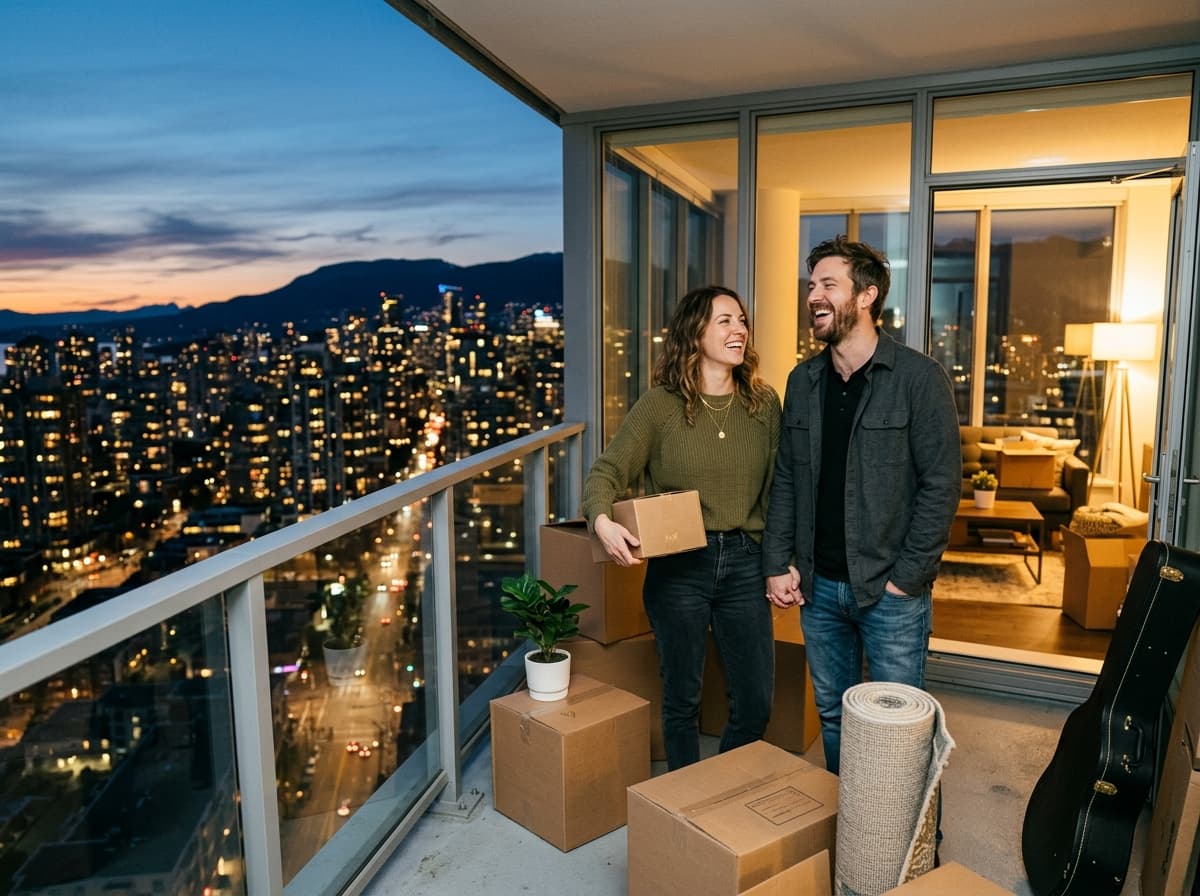 Couple with moving boxes on the balcony of their new high-rise condo at dusk