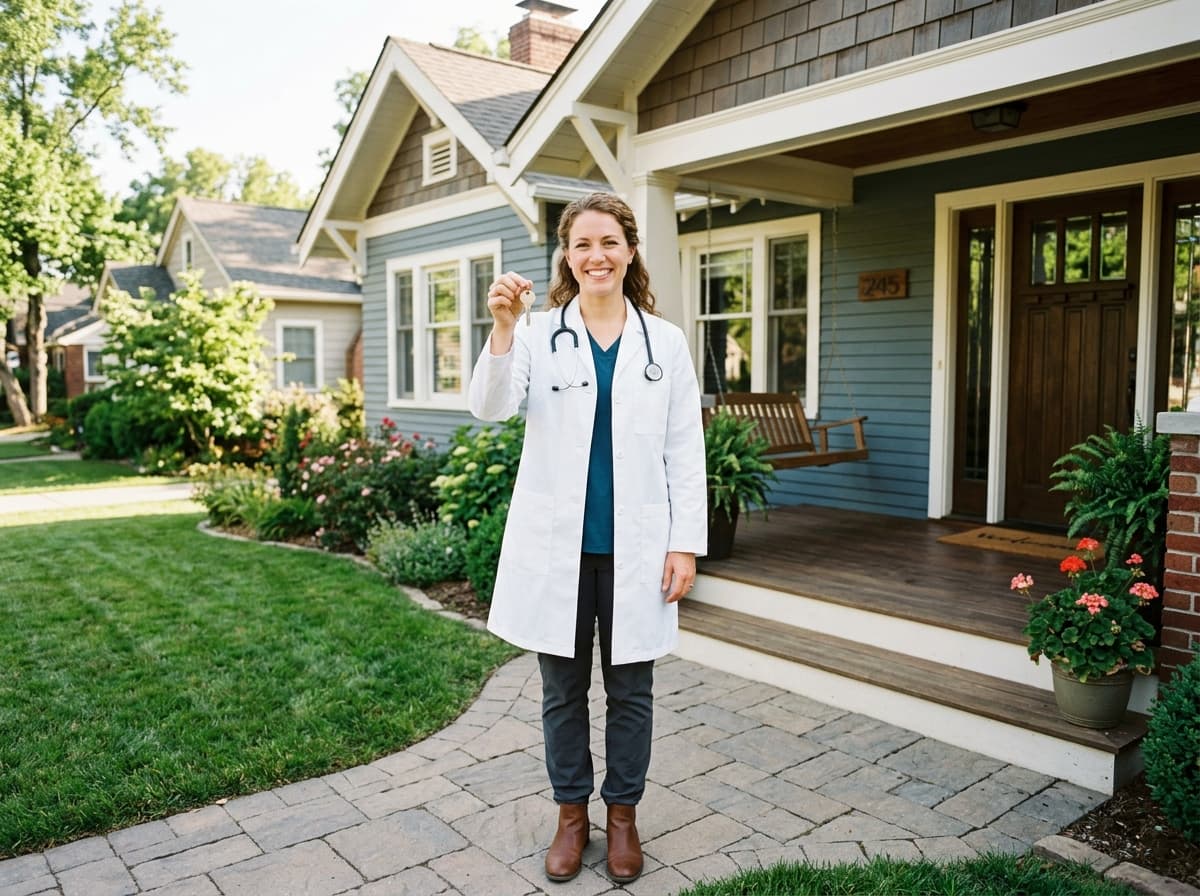 Young physician in a white coat holding new house keys in front of her home