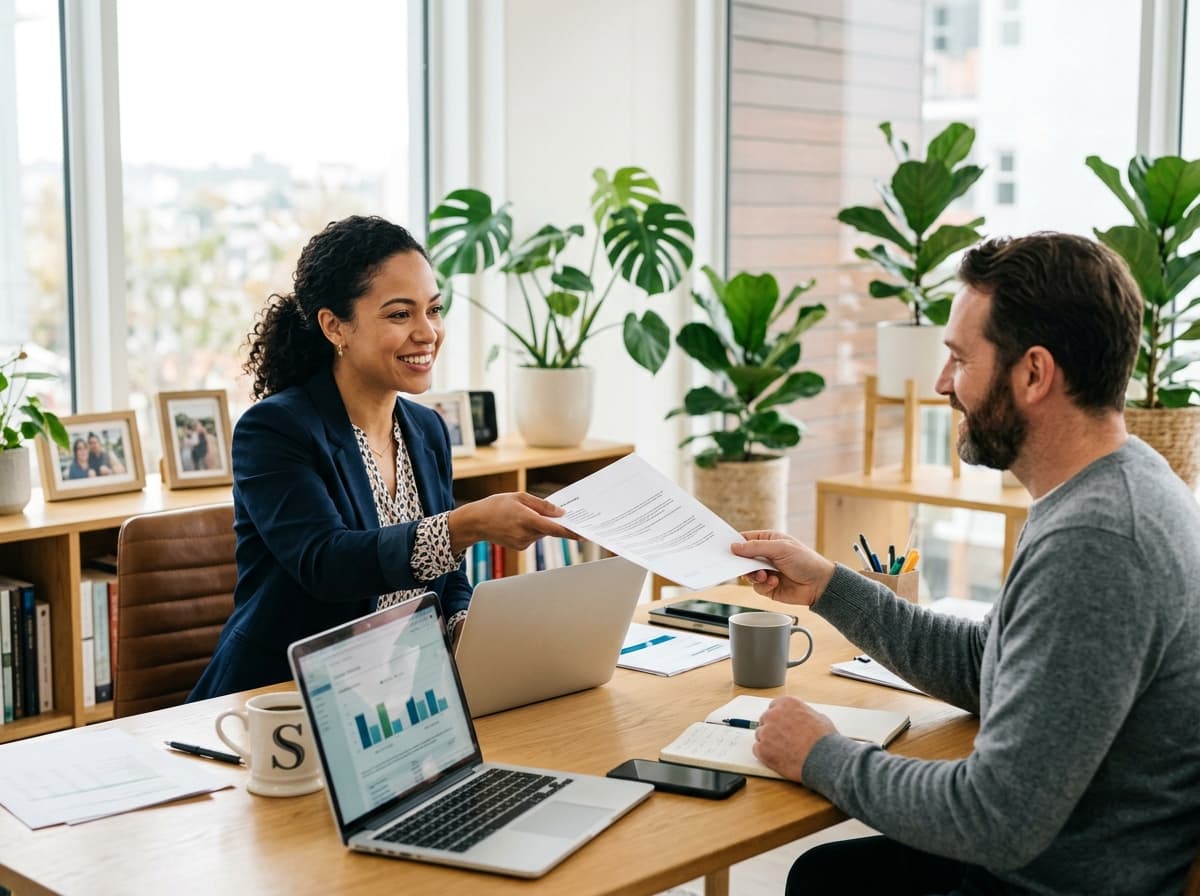 Business owner handing a single P&L document across the desk to her accountant