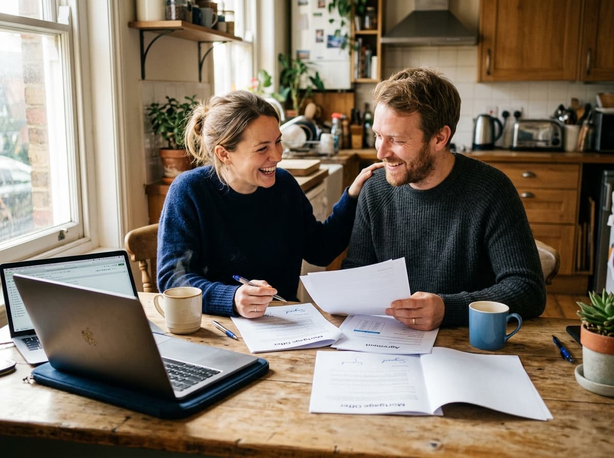 Relieved couple reviewing their refinance paperwork at the kitchen table