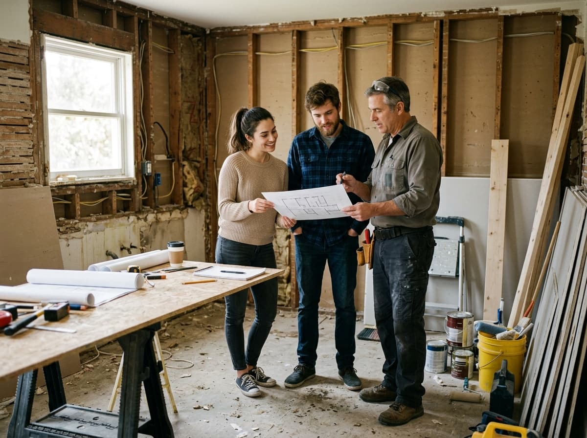 Couple reviewing renovation plans with a contractor in the gutted kitchen of a fixer-upper