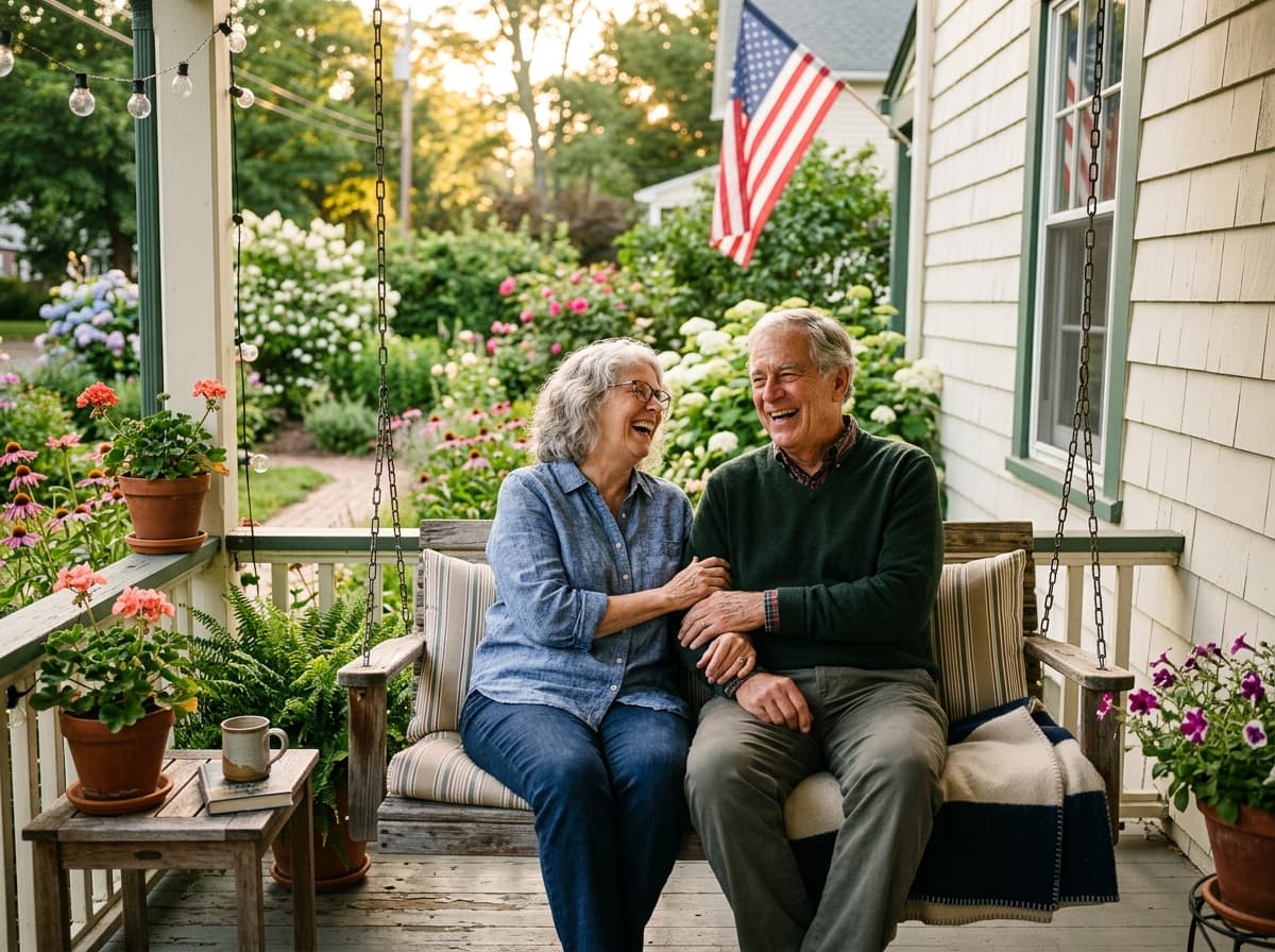 Joyful retired couple laughing together on their porch swing at golden hour