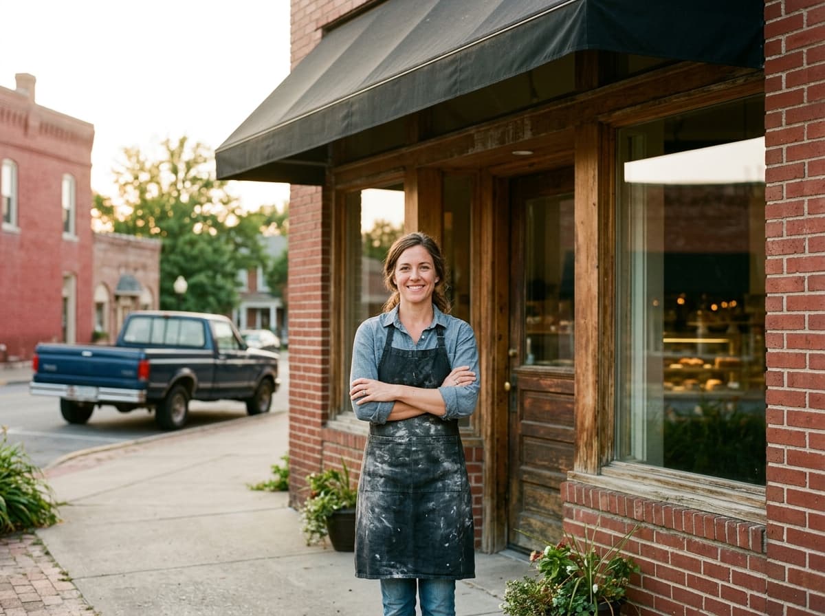 Proud bakery owner in a flour-dusted apron standing in front of her brick storefront