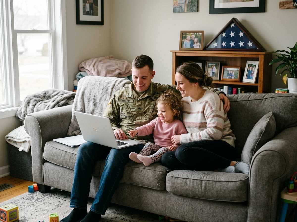 Young military family finishing quick paperwork together on their living room couch