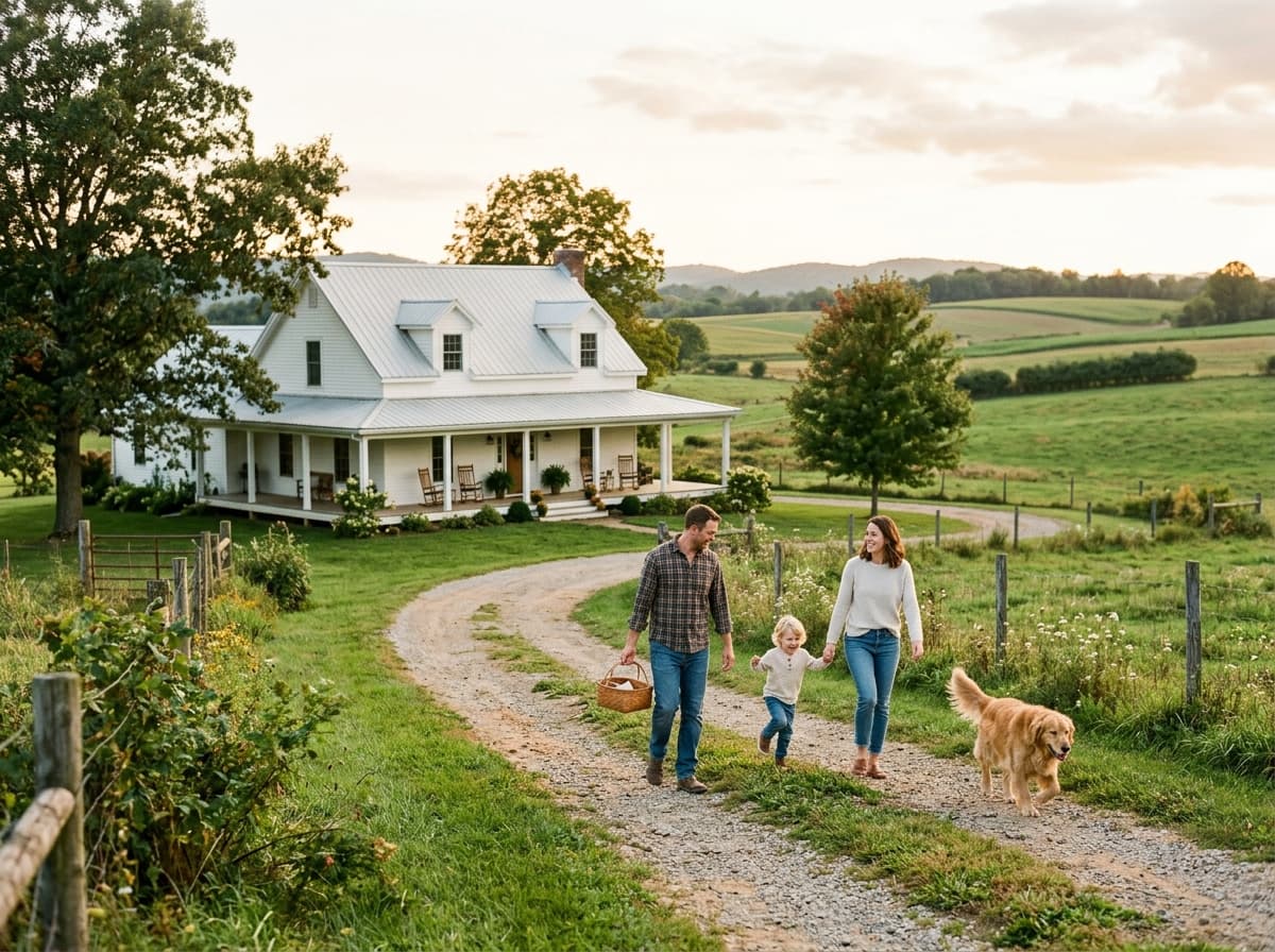 Family with a dog walking up the drive toward a white farmhouse-style home