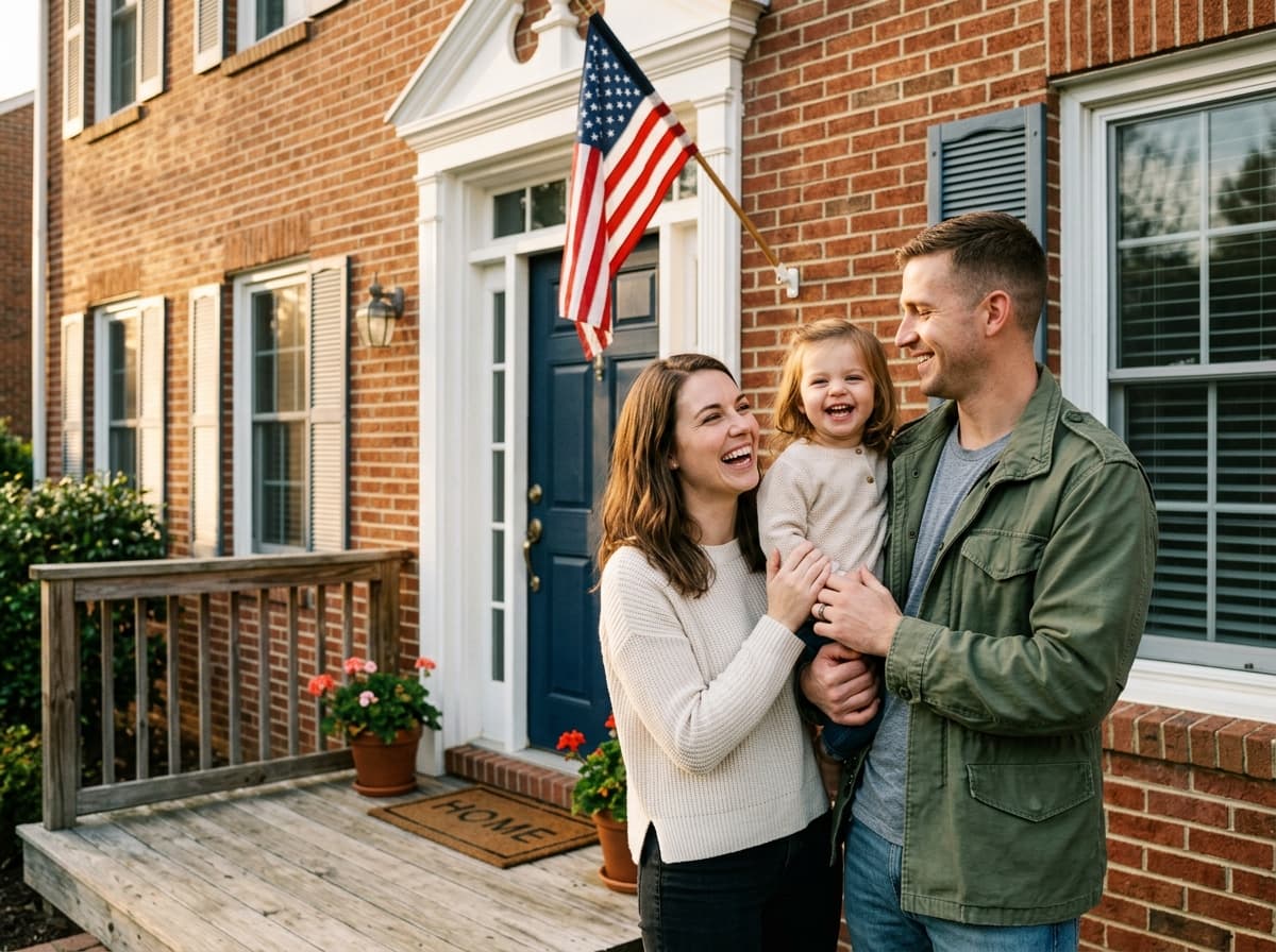Veteran family smiling on the front porch of their brick home with an American flag by the door