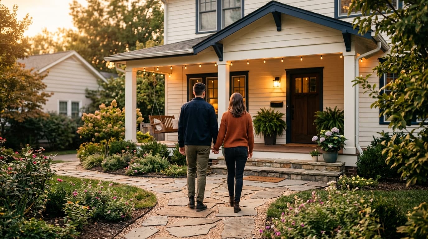 Couple walking hand in hand toward the front porch of their new home