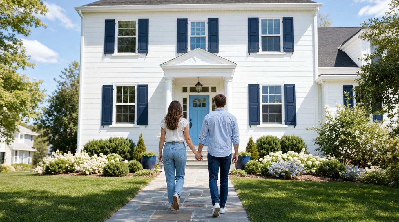 Couple walking hand in hand up the path to a white colonial home with navy shutters