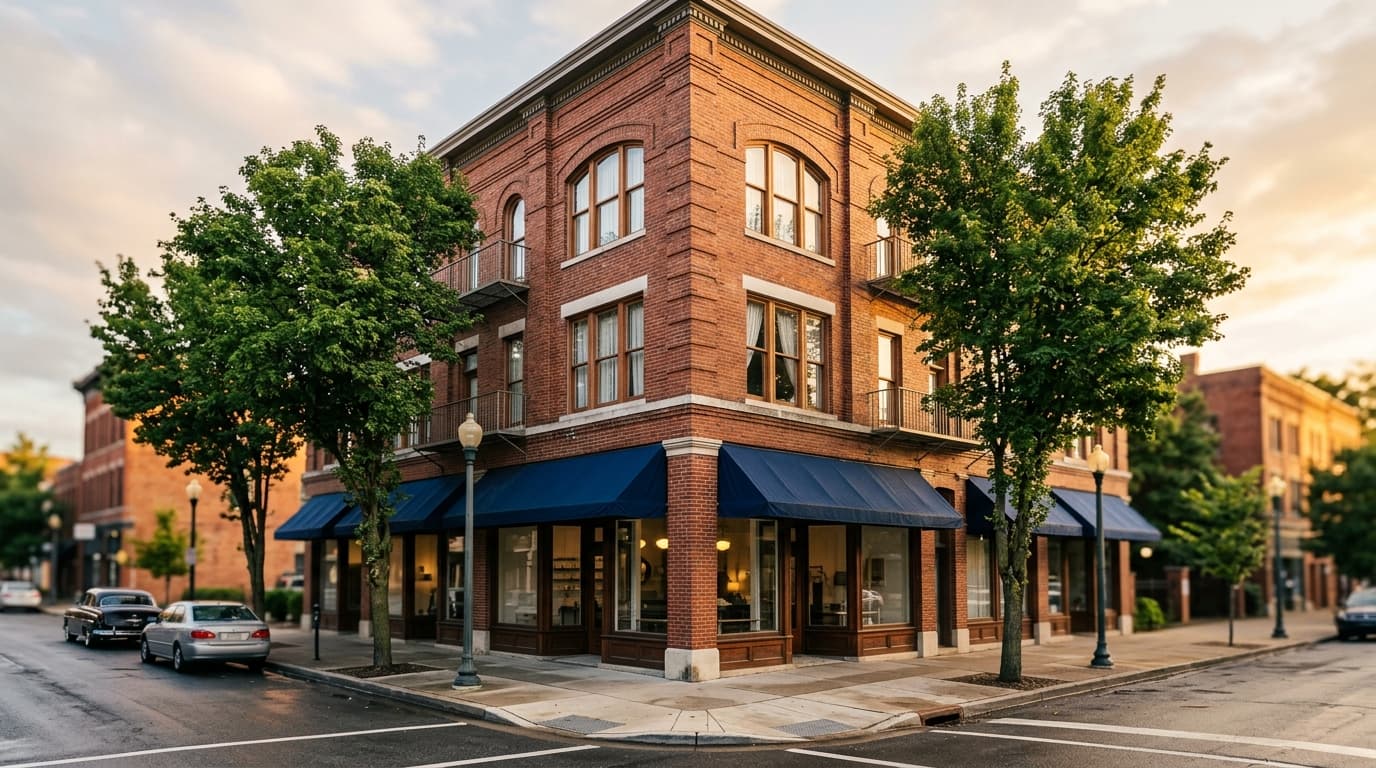 Brick mixed-use corner building with storefronts and apartments above