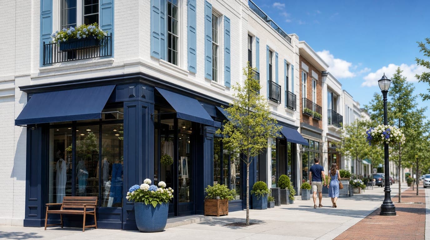 Mixed-use building on a walkable main street with navy storefront awnings