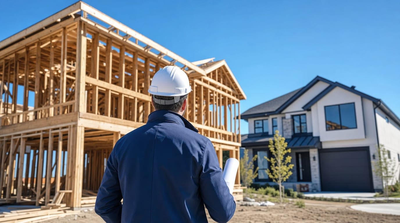 Constructor revisando planos frente a una casa nueva con estructura de madera
