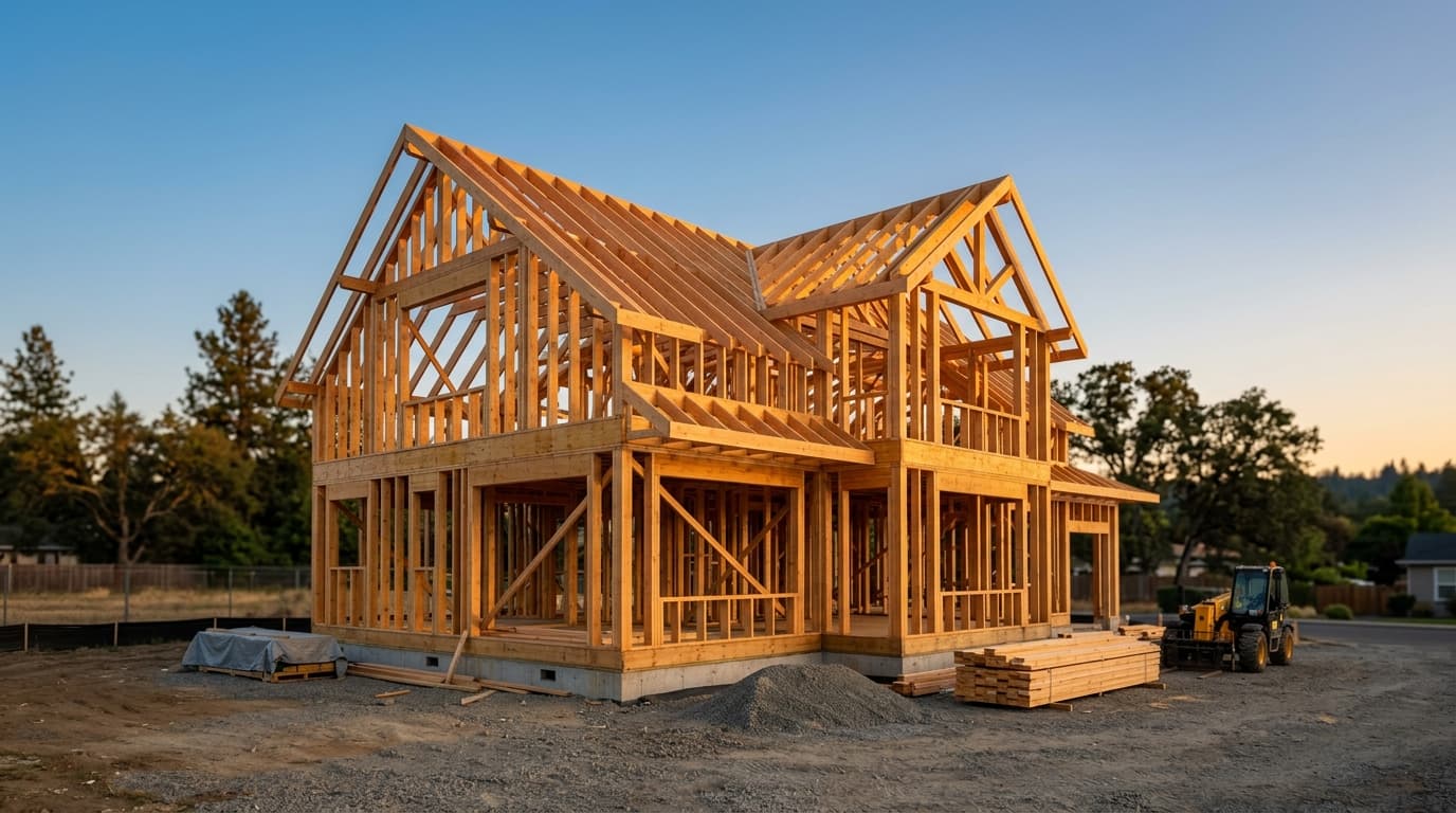 New home under construction with fresh timber framing at dusk