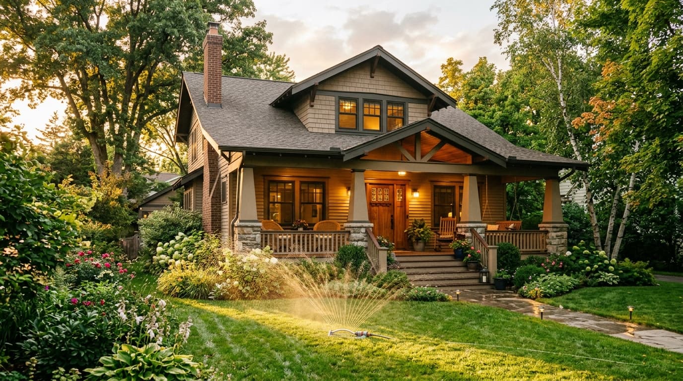 Established craftsman home with a wide front porch in warm evening light