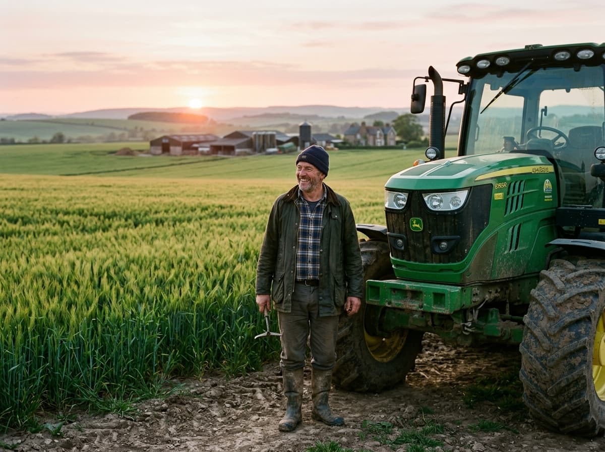 Farmer beside a tractor in a vast crop field at sunrise