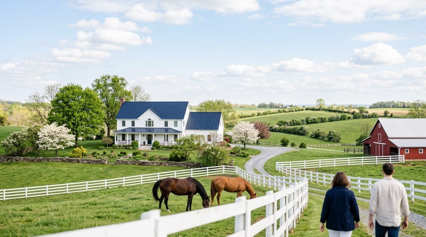 White farmhouse and red barn on rolling farmland with horses at a white fence