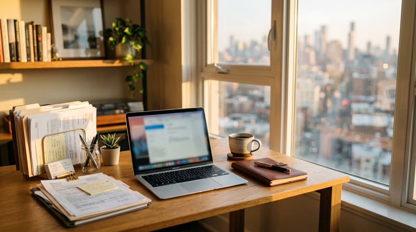 Sunlit home office desk with laptop, notebook, and business paperwork