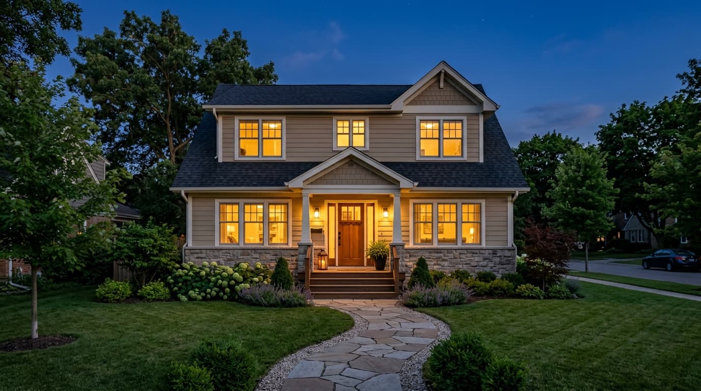Cozy home at dusk with warm light glowing from the windows