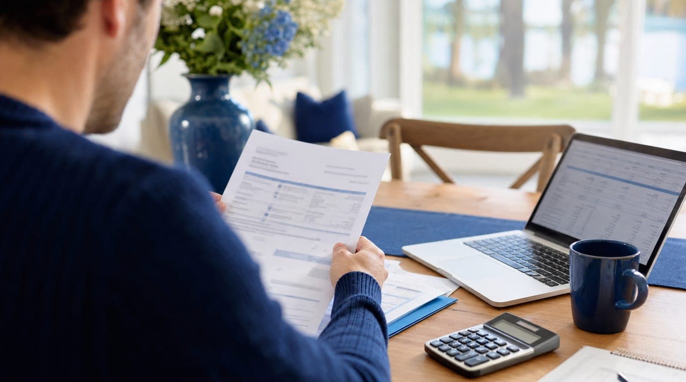 Homeowner reviewing a mortgage statement at the dining table beside a laptop