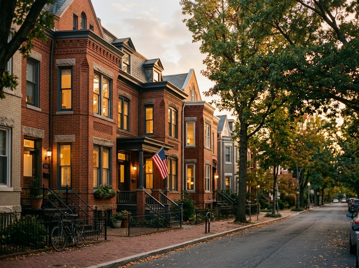 Brick rowhouses on a tree-lined Washington, DC street at golden hour