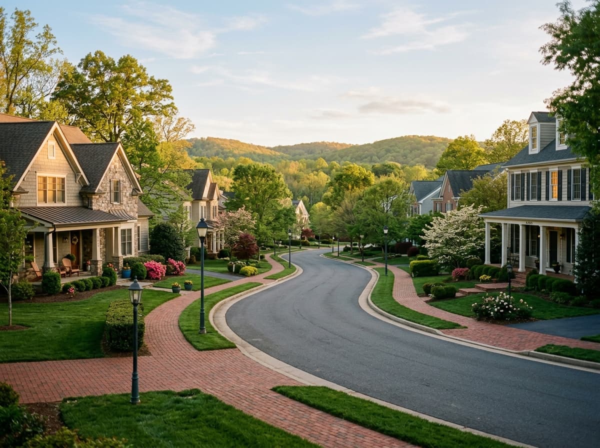 Virginia neighborhood street with tree-covered hills in the distance